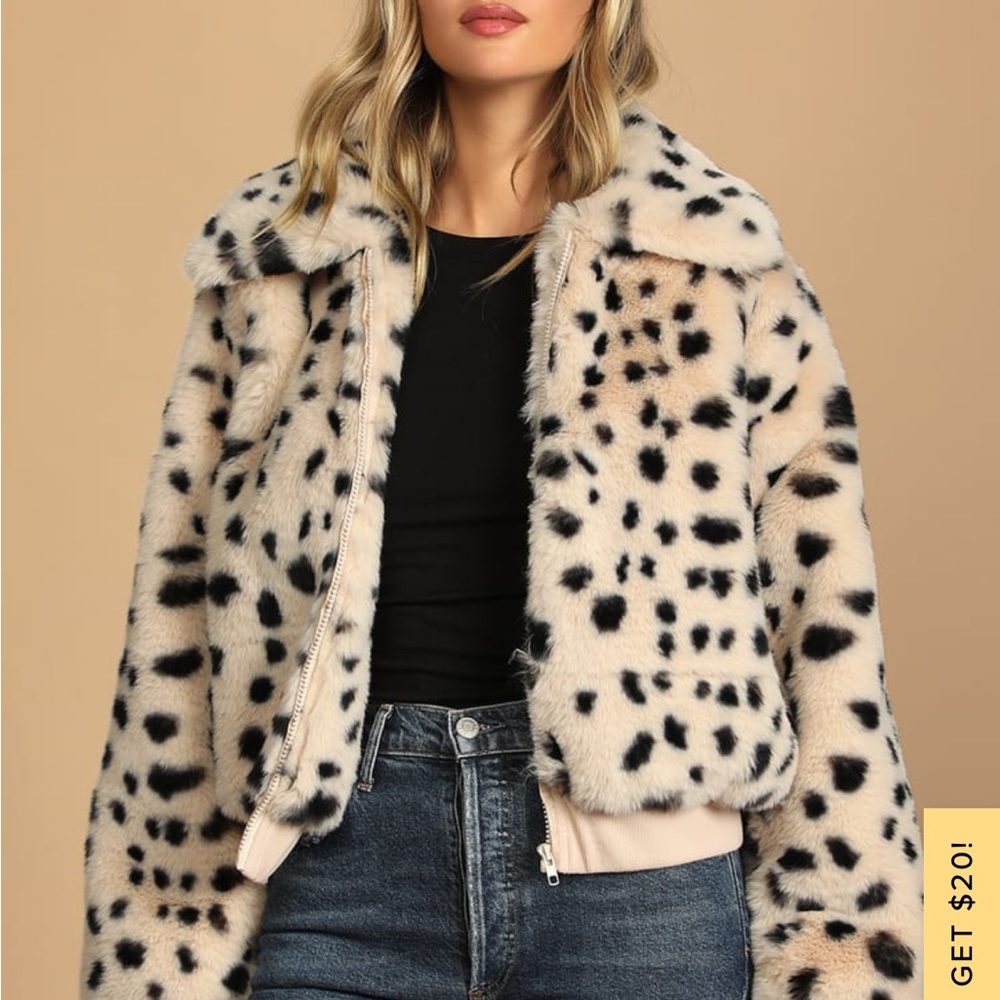 Faux Real Ivory Dot Print Faux Fur Bomber Jacket Lulus